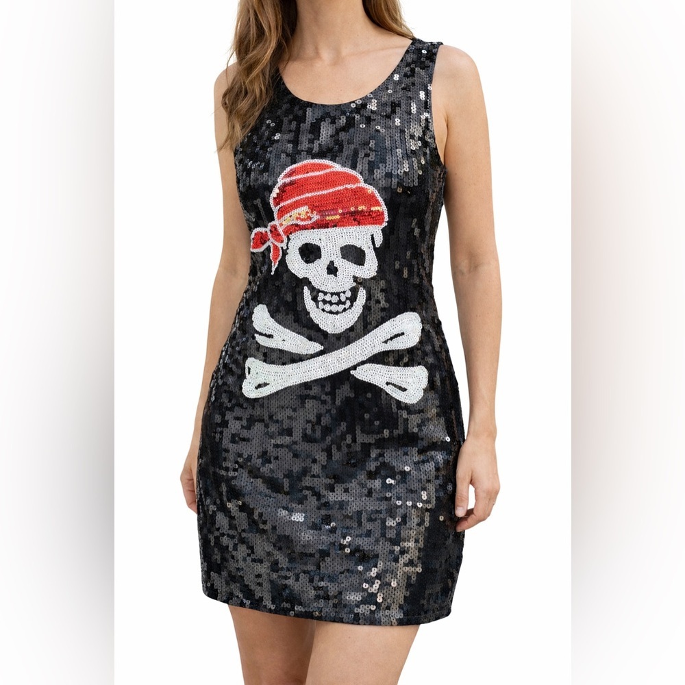 Sequin Pirate Skull Tank Dress - Black with Red Accent